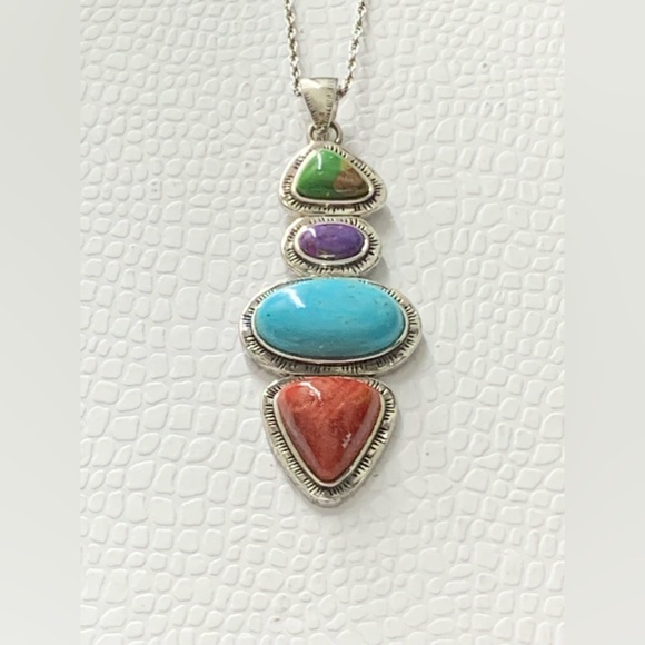 Designer NF 925 Sterling Silver Multicolor Stone Pendant  Necklace - 18” - Picture 13 of 13